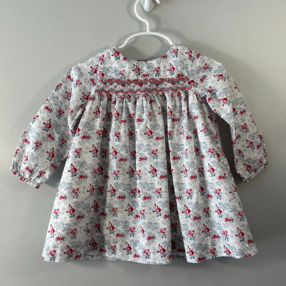 Bonpoint White Floral Smocked Long-Sleeve Dress with Pink & Gray Flowers